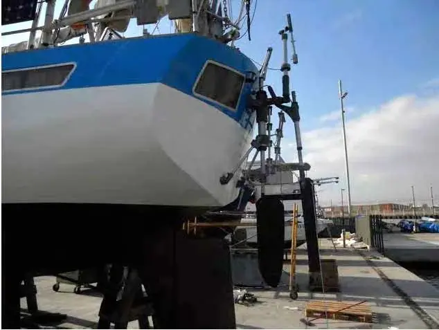 Aft cockpit view of the auxiliary rudder system during a bluewater crossing