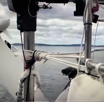 mounting failure of a hydrovane auxiliary rudder self-steering windvane visible on the transom
